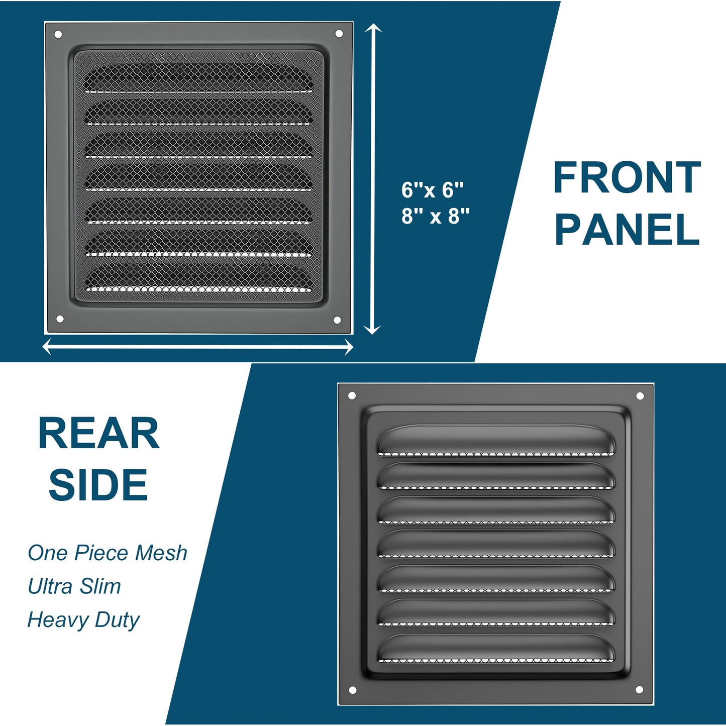 Metal Vent Cover, 6" x 6" Square Soffit Air Vent Louver, Grille Cover, Built-in Mesh Screen, HVAC Vents for Bathroom, Home Office, Kitchen (Black 1PC)