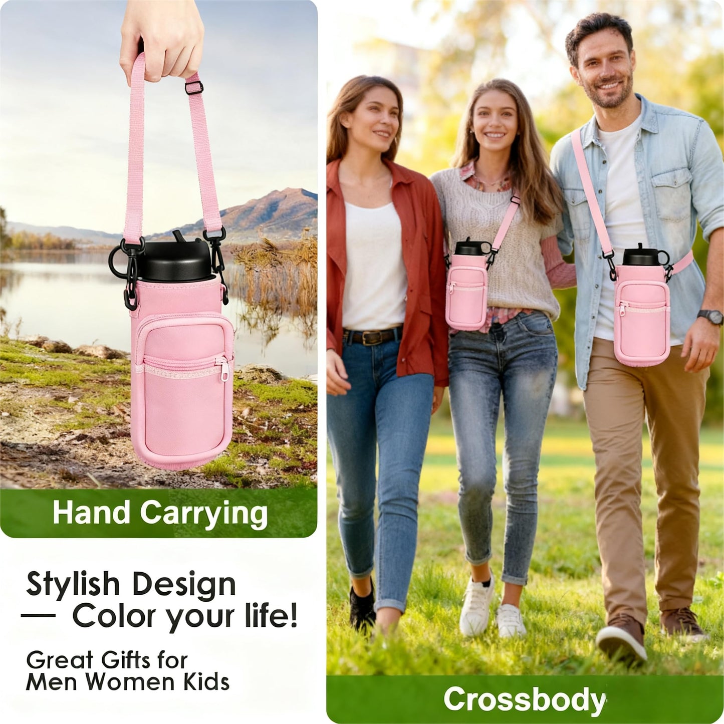 32/40 oz Water Bottle Holder with Strap, 40 oz Insulated Water Bottle Sling Bag Crossbody, Water Bottle Carrier Bag with Phone Pocket for Walking Hiking Camping Fishing(3.34"W * 9.05"H) (Flower Pink)