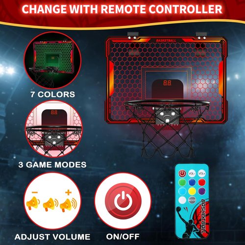 HYES Indoor Basketball Hoop - Mini Over Door Design with 7 LED Lights & Scoreboard | Adjustable Volume, Foldable
