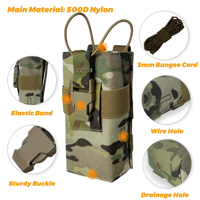 ULIONTAC Radio Holster Walkie Talkie Pouch - 500D Nylon Molle System 3mm Bungee Storage Bag for Utility Tactical Belt Accessory Fits Standard Handset (Multicamo)
