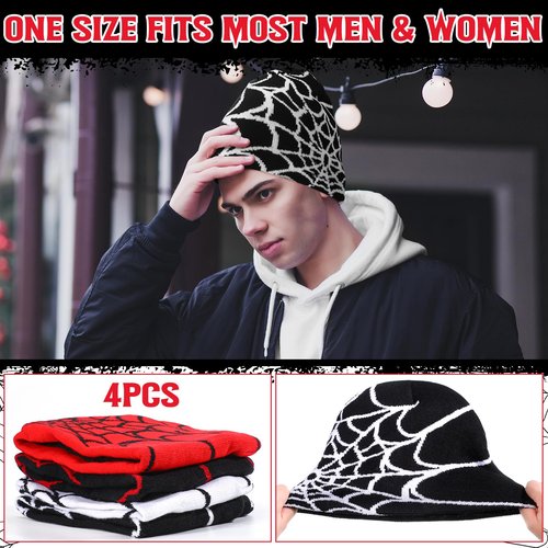 Jeyiour 4 Pcs Y2k Beanies Spider Web Pattern Beanie Gothic Acrylic Knitted Hat Casual Streetwear Outdoor for Men Women(Classic Color,Fleece Lined)