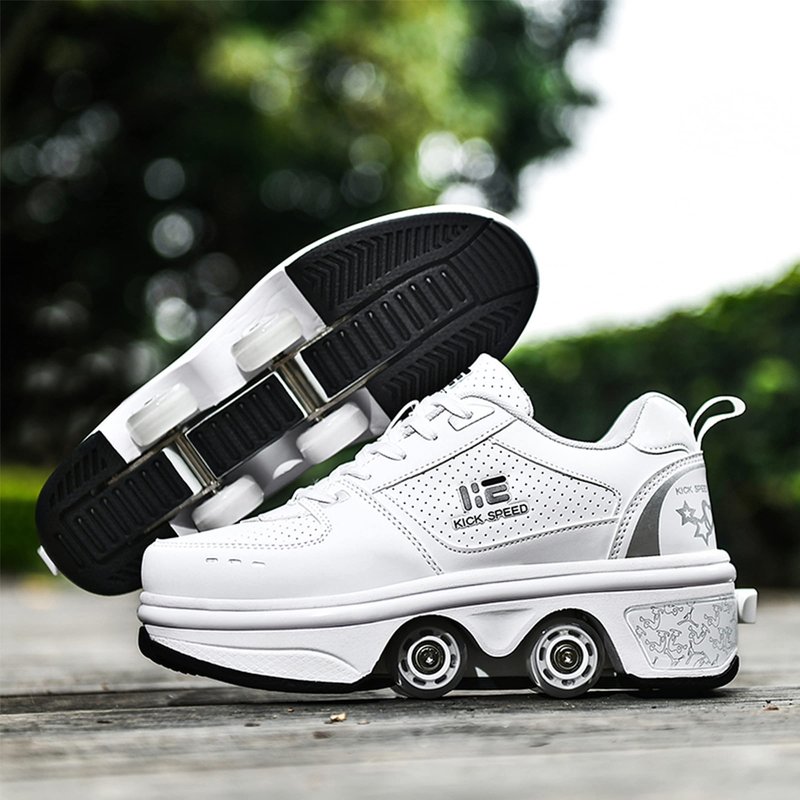 Pairobin 2-in-1 Roller Skates Shoes with Retractable 4 Wheels & Pop-Out Deformation Sneakers Outdoor Sports Skating Shoes for Girls Boys, White, 3.5