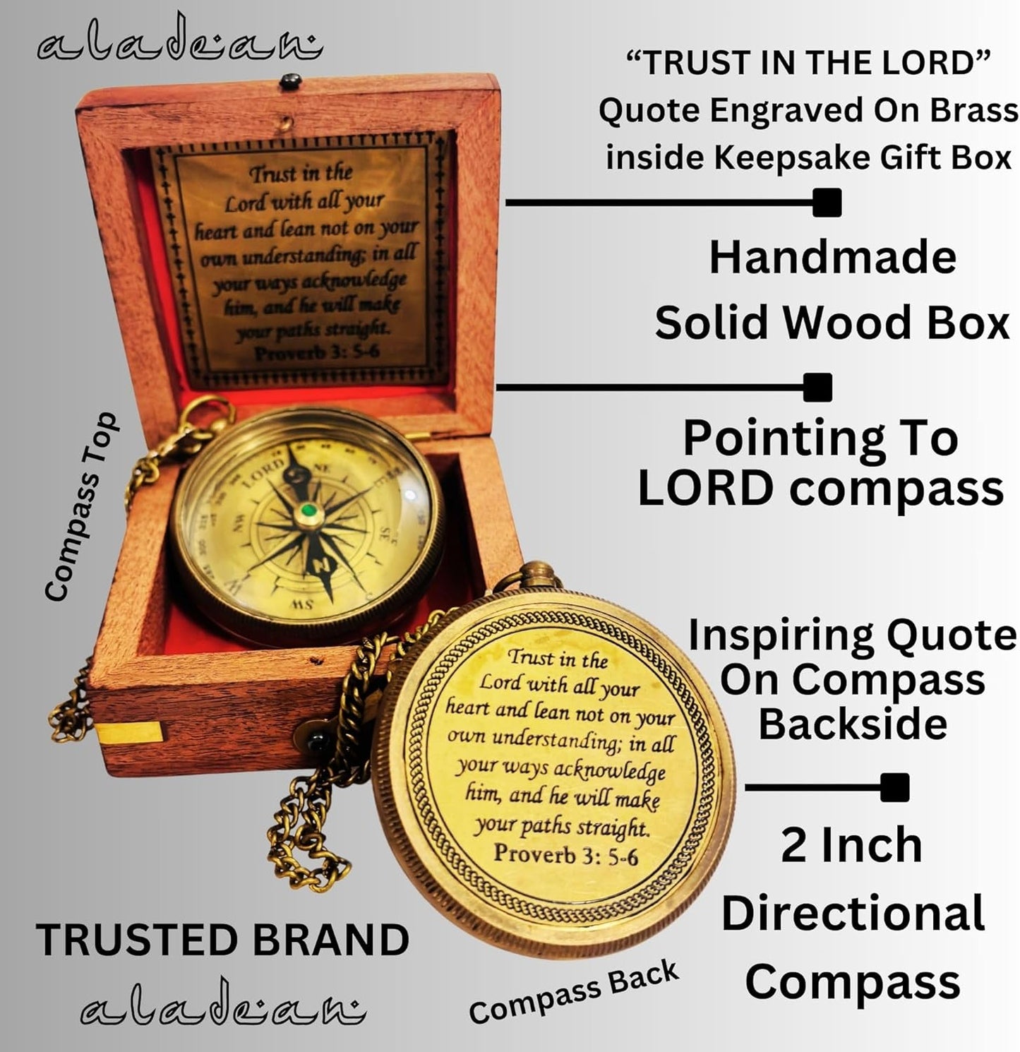 Trust In The Lord - Proverbs 3:5-6 Engraved Compass | Inspirational Gift in Wood Box for Men & Boys