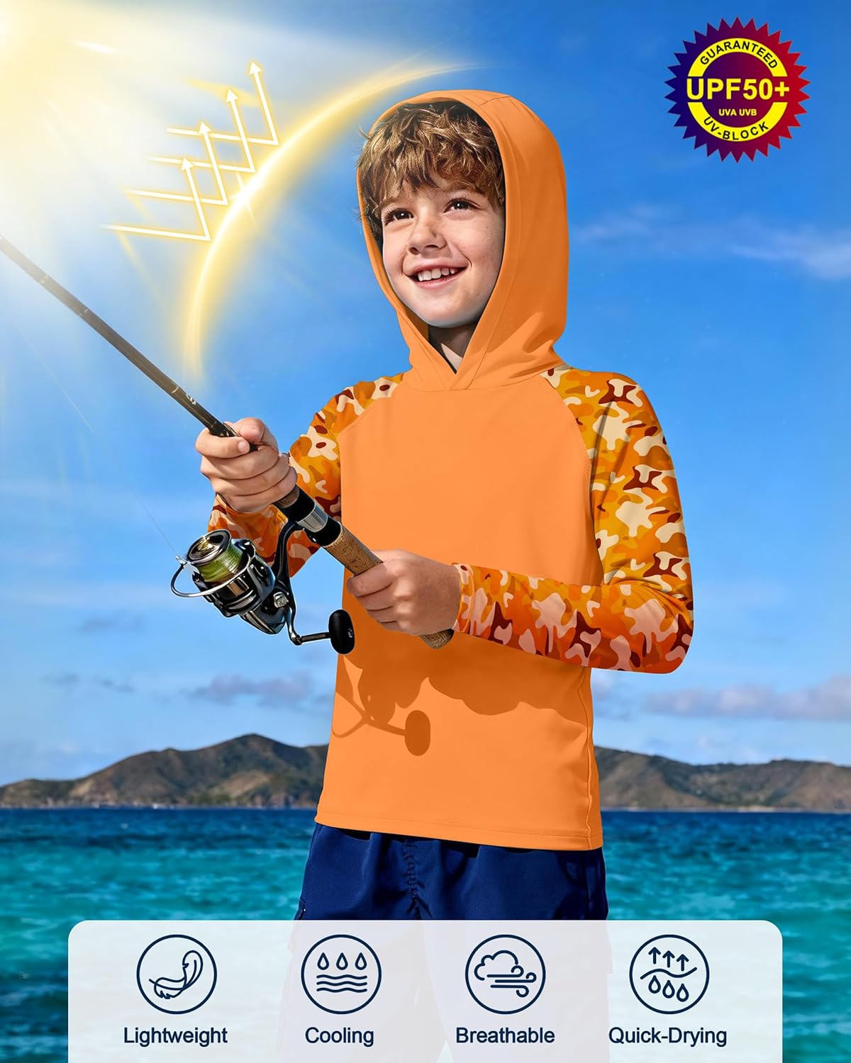 Skiennix Boys Rash Guard Swim Hoodie - UPF 50+ UV Sun Protection Long Sleeve Fishing Shirt | Kids Sizes