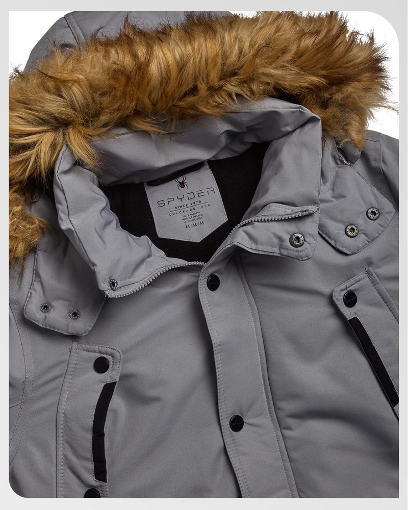 Spyder Mens Puffer Jacket - Heavyweight Wind and Water Resistant Parka Coat Insulated Winter Jacket for Men w/Faux Fur Hood, Size Large, Pewter