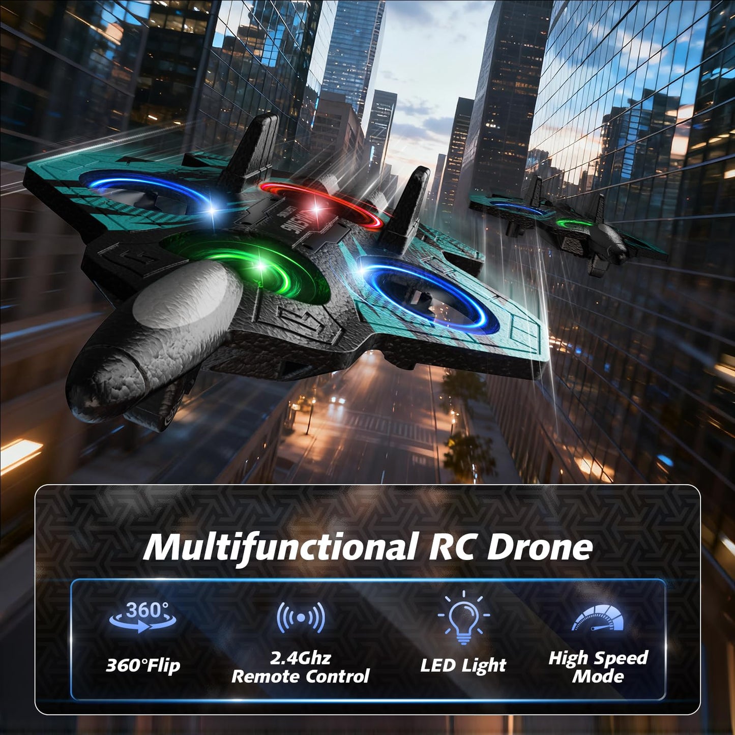 FUNPX Foam RC Airplane with Cool Led Light, 360° Flip and Headless Mode, Remote Control Airplane RC Plane for Kids Adults Aged 6+, RC Flying Toy for Kids, Birthday Gift - Black Blue