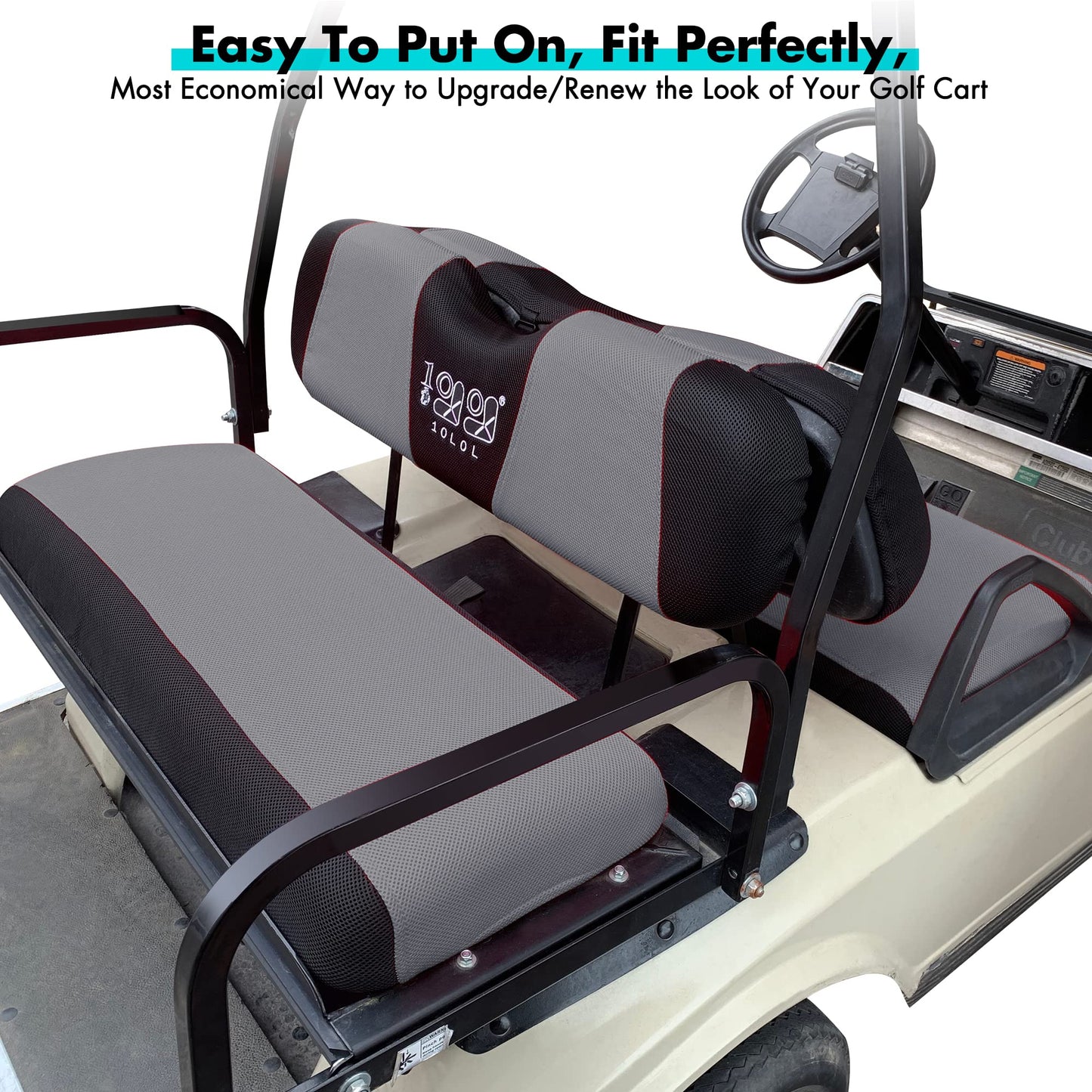10L0L Golf Cart Front and Rear Seat Cover Set for EZGO TXT RXV 4 Passenger Models Bench Seat Covers Kit Breathable Washable Polyester Mesh Cloth Gray Black Beige Red (S+XS)