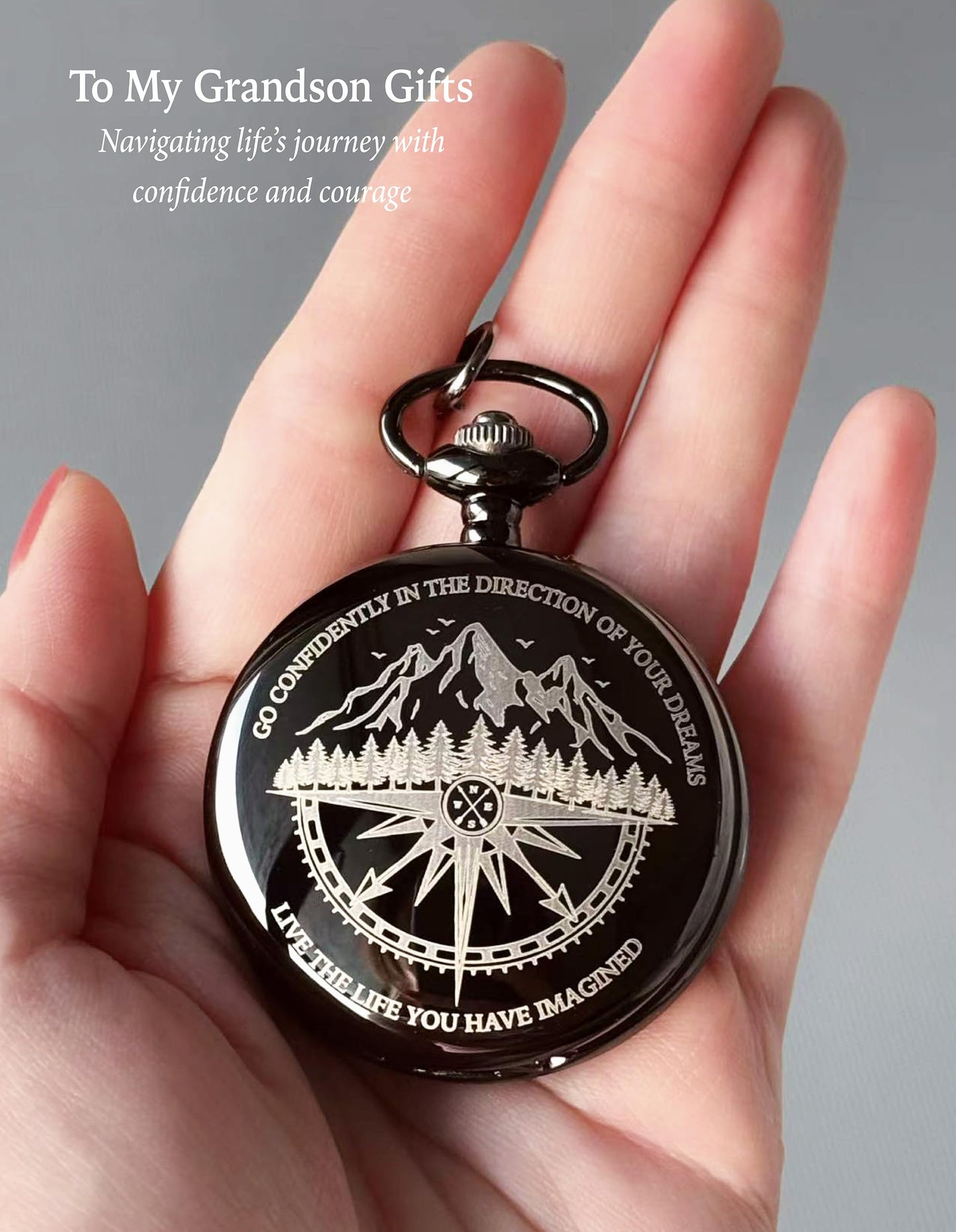 Grandson Gifts from Grandma Grandpa, Go Confidently Pocket Compass Engraved Black, to My Grandson Pocket Token, Inspirational Keepsake Gifts Ideas for Grandson Birthday Graduation Christmas