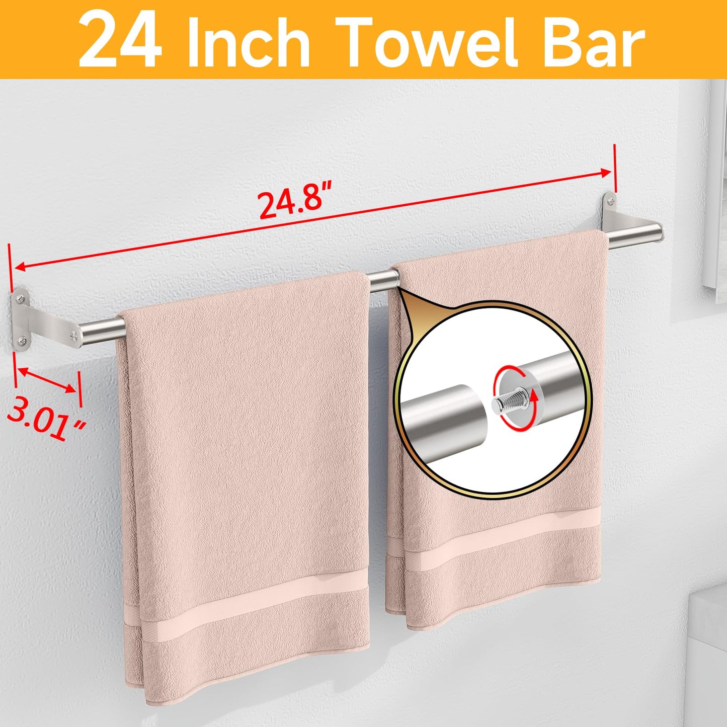 Towel Bar for Bathroom, MKO Brushed Nickel Towel Bar for Bathroom Wall Mounted, Stainless Steel Heavy Duty, 24 Inch Single Bath Towel Rod Holder