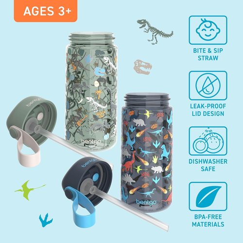 Bentgo Kids Water Bottle 2-Pack - Leak-Proof, Durable Tritan, BPA-Free 15 oz for Ages 3+ | Bite & Sip Spout, Dishwasher Safe (Dinosaur/Dino Fossils)