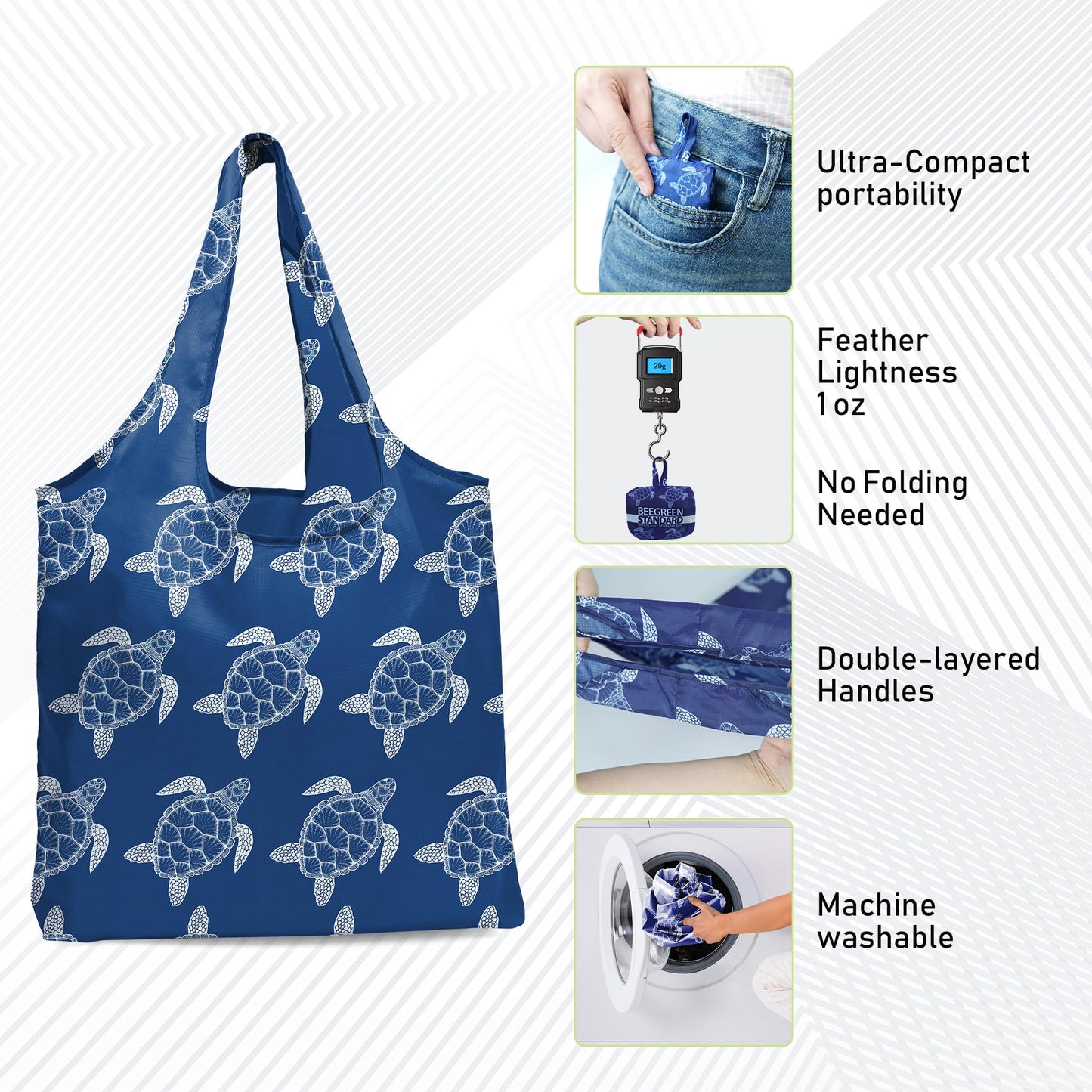 BeeGreen Mushrooms Ultimate Travel Tote Bag - Reusable Grocery Shopping Bag - Foldable Compact Lightweight Duffle Bags