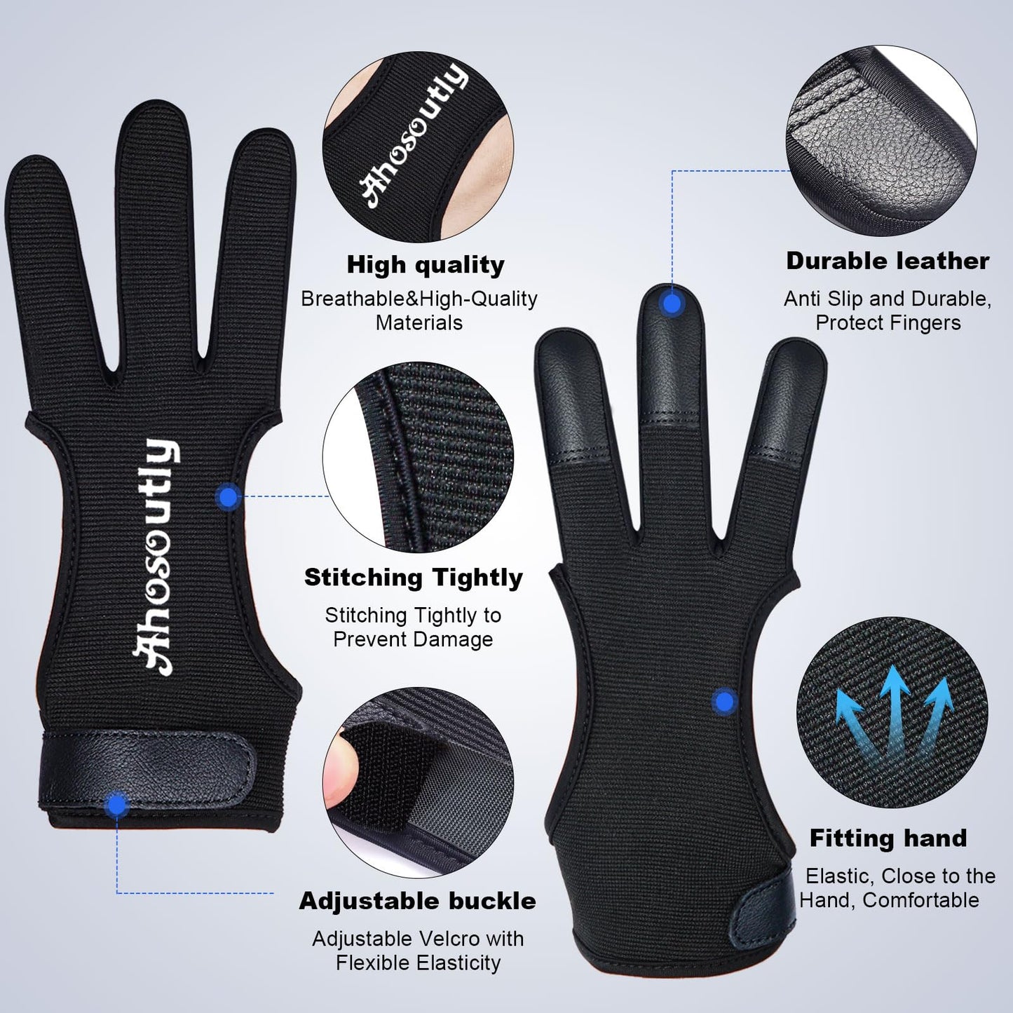 AHOSOUTLY Archery Glove Three Finger Leather Elasticity Archery Protective Gloves Archery Shooting Gloves for Adult and Kids, Protective Gear (Black, X-Large)