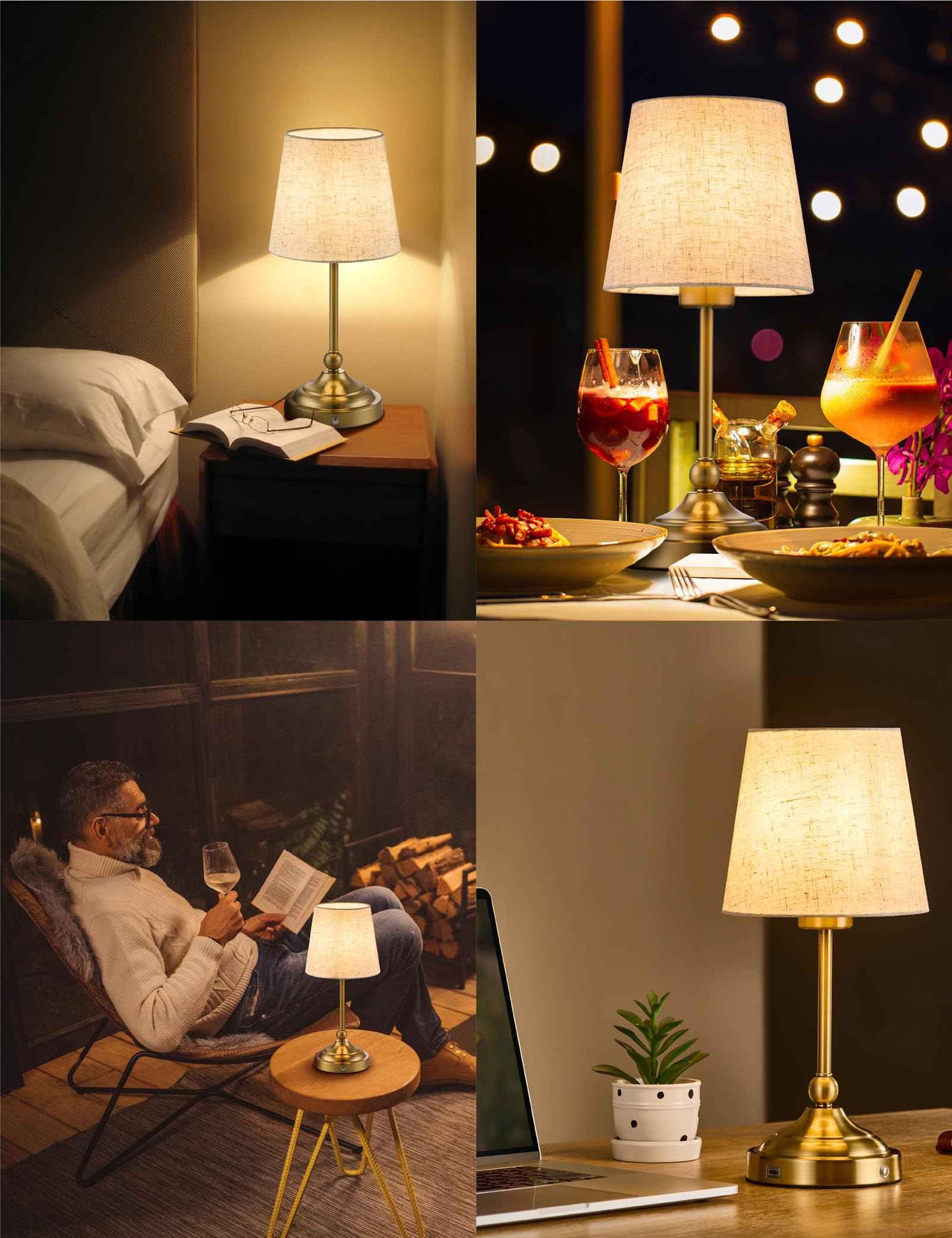 BOHON Cordless Lamp with Dimmer, Built-in 5200mAh Rechargeable Lamp, Patio Table Lamp, LED Bedside Night Light, Outdoor Ambient Light for Camping Restaurant Bedroom Dining Room Decor, Antique Brass