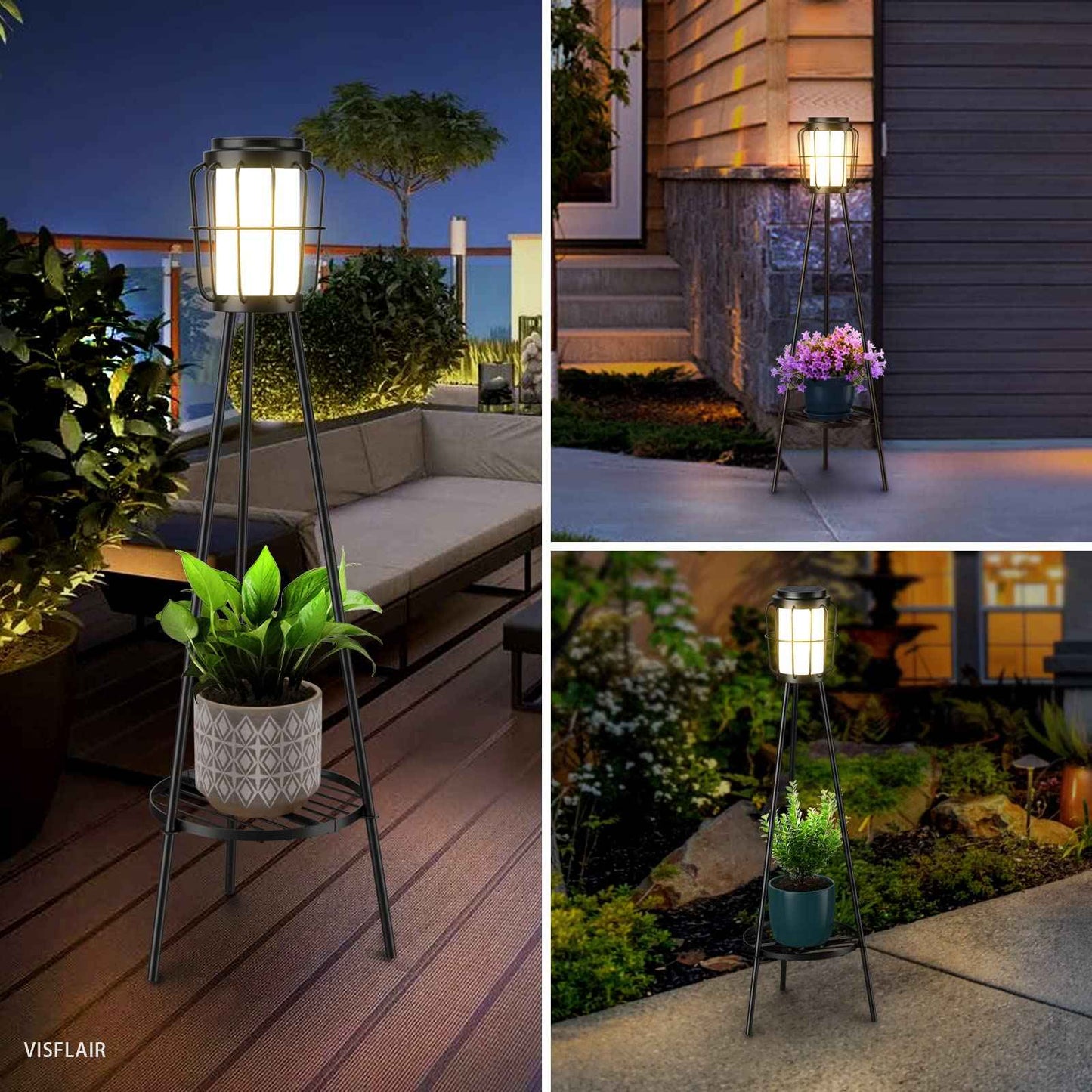 VISFLAIR 2 Pack Solar Lights with Plant Stand, Outdoor Floor Lamps, Waterproof Solar Powered Floor Lamps for Patio Deck Porch Yard Garden Decor