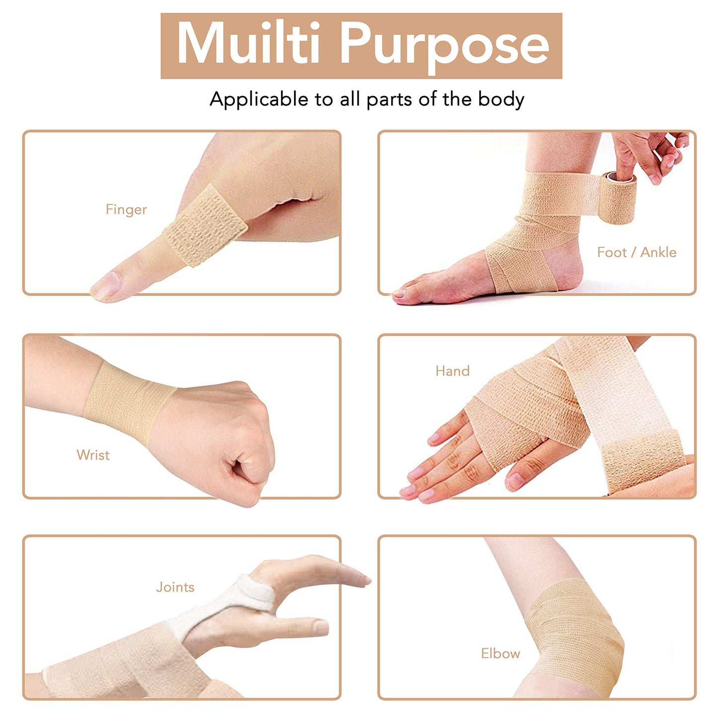 RISEN Cohesive Bandage 2” x 5 Yards, 6 Rolls, Self Adherent Wrap Medical Tape, Adhesive Flexible Breathable First Aid Gauze Ideal for Stretch Athletic