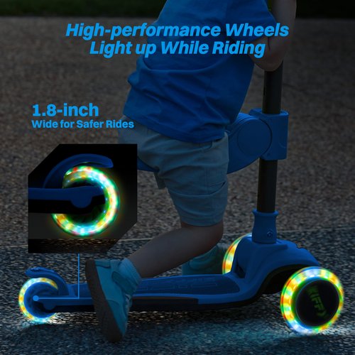 JOVA ZIFFY 2-in-1 Toddler Scooter with Seat, 3 Wheel Scooter with LED Lights, Anti-Slip Surface, Adjustable Height Handlebars and Foldable Seat, Toys for Kids Ages 3-12, Blue (Up to 110 Lbs)