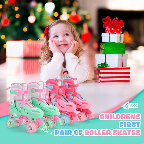 2PM SPORTS 4 Size Adjustable Light Up Roller Skates for Girls, Flashing 4 Wheels, Beginner Kids Rollerskates for Age 5-8 8-12 - Green Small
