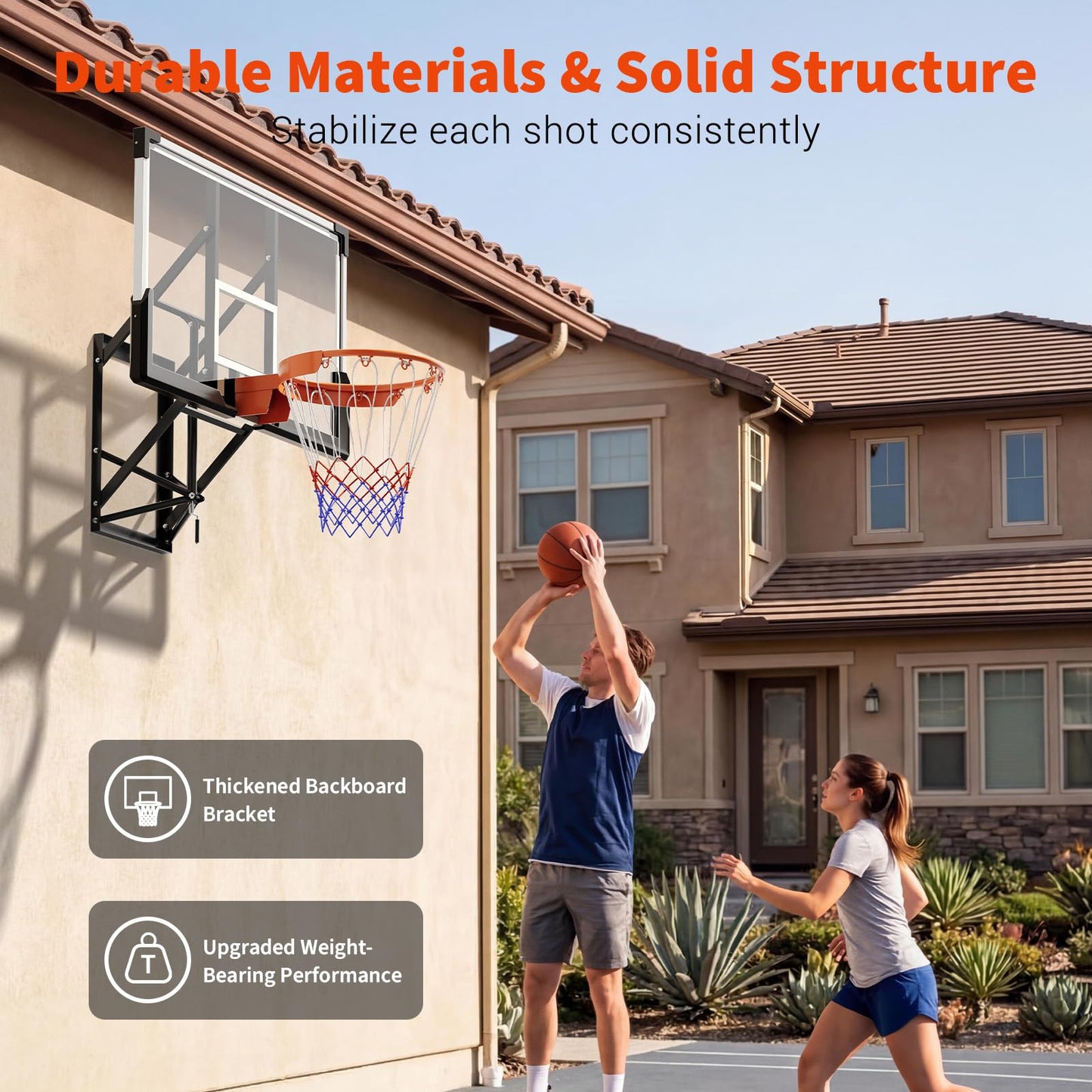 54" Wall Mounted Basketball Hoop 8-10 FT Adjustable Height PC Backboard