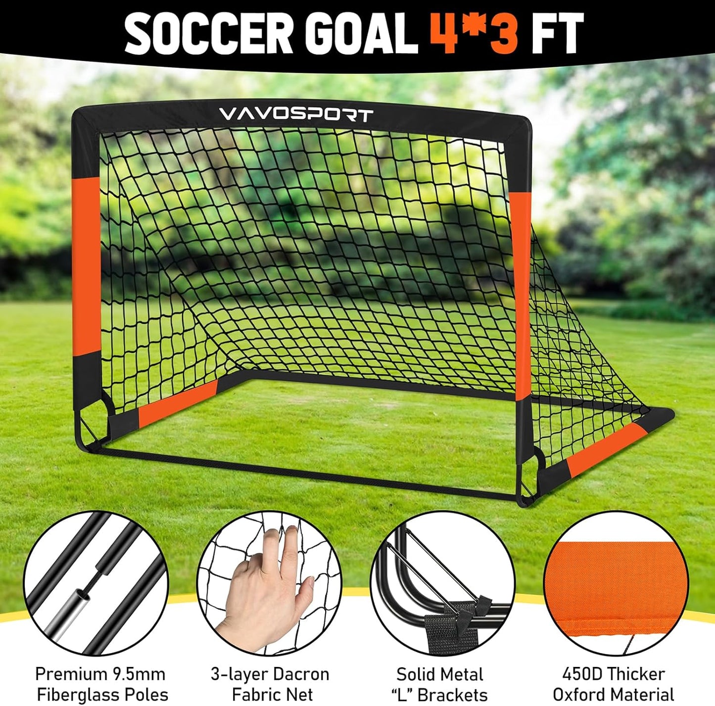 VAVOSPORT Kids Soccer Goals - Portable Mini Soccer Nets Set for Backyard Play | 4x3 & 6x4 ft, Ages 3-14