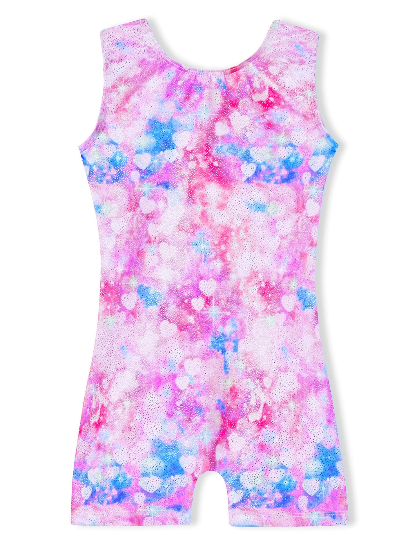 Domusgo Girls Gymnastics Leotards Size 5-6 Years Old Shiny Nenon Pink Colorful Love Heart Sleeveless Biketard