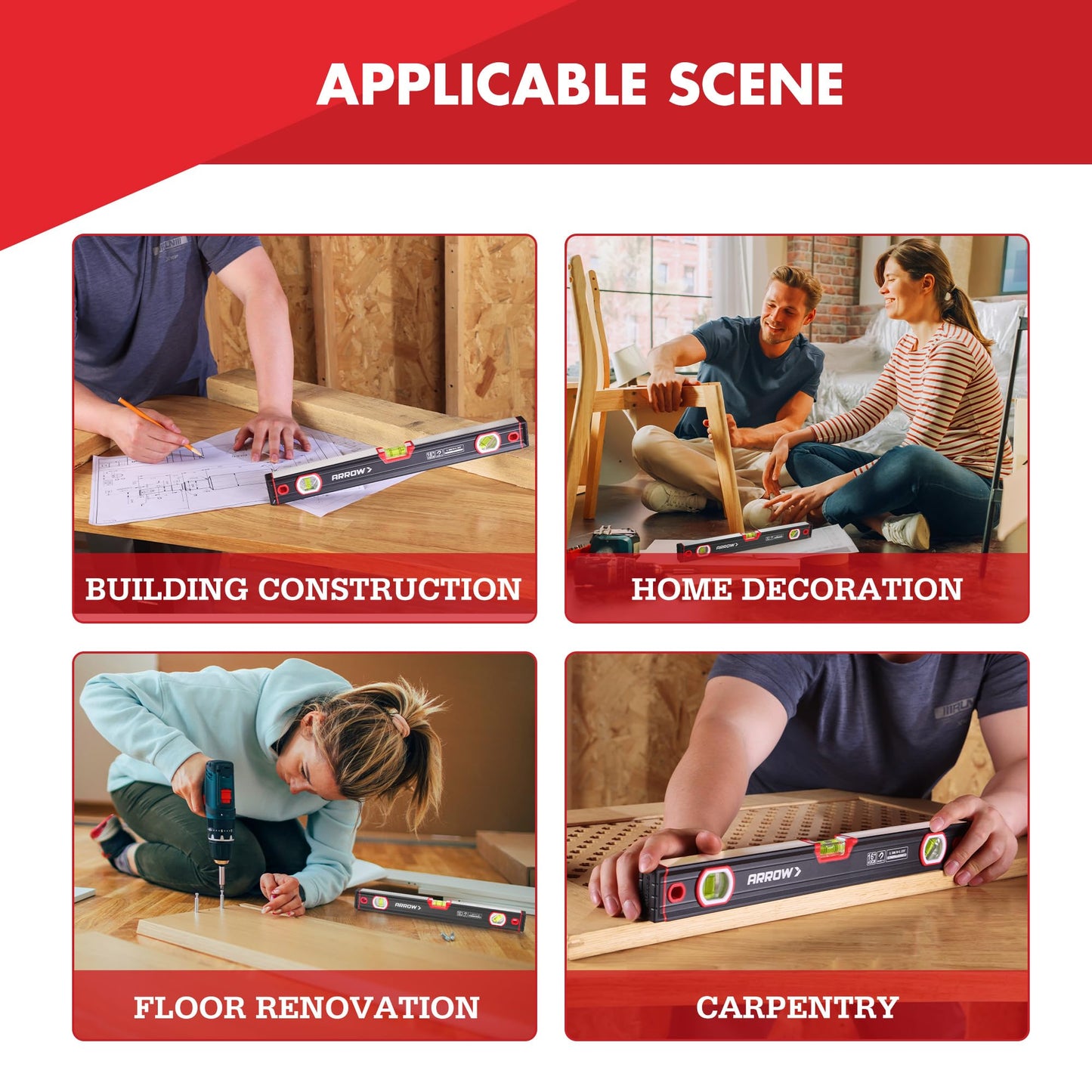 ARROW 16-Inch Level, Magnetic Torpedo Level with 45°/90°/180° Bubbles, Aluminum Alloy Body, Precision-Machined Base, Shockproof Rubber End Caps, V-Groove & Hanging Hole for Construction, Carpentry