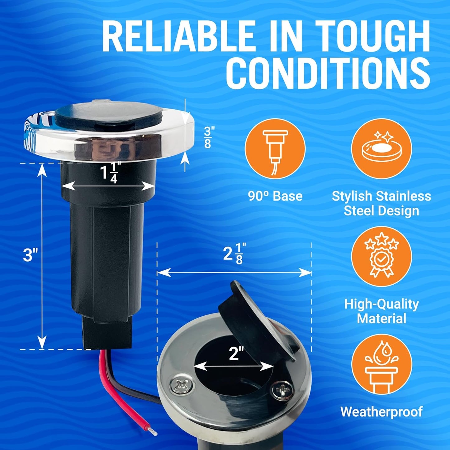 Skiennix Boat Stern Light Base - Durable Navigation & Anchor Light Socket with Stainless Steel Trim | 2-Pin Plug