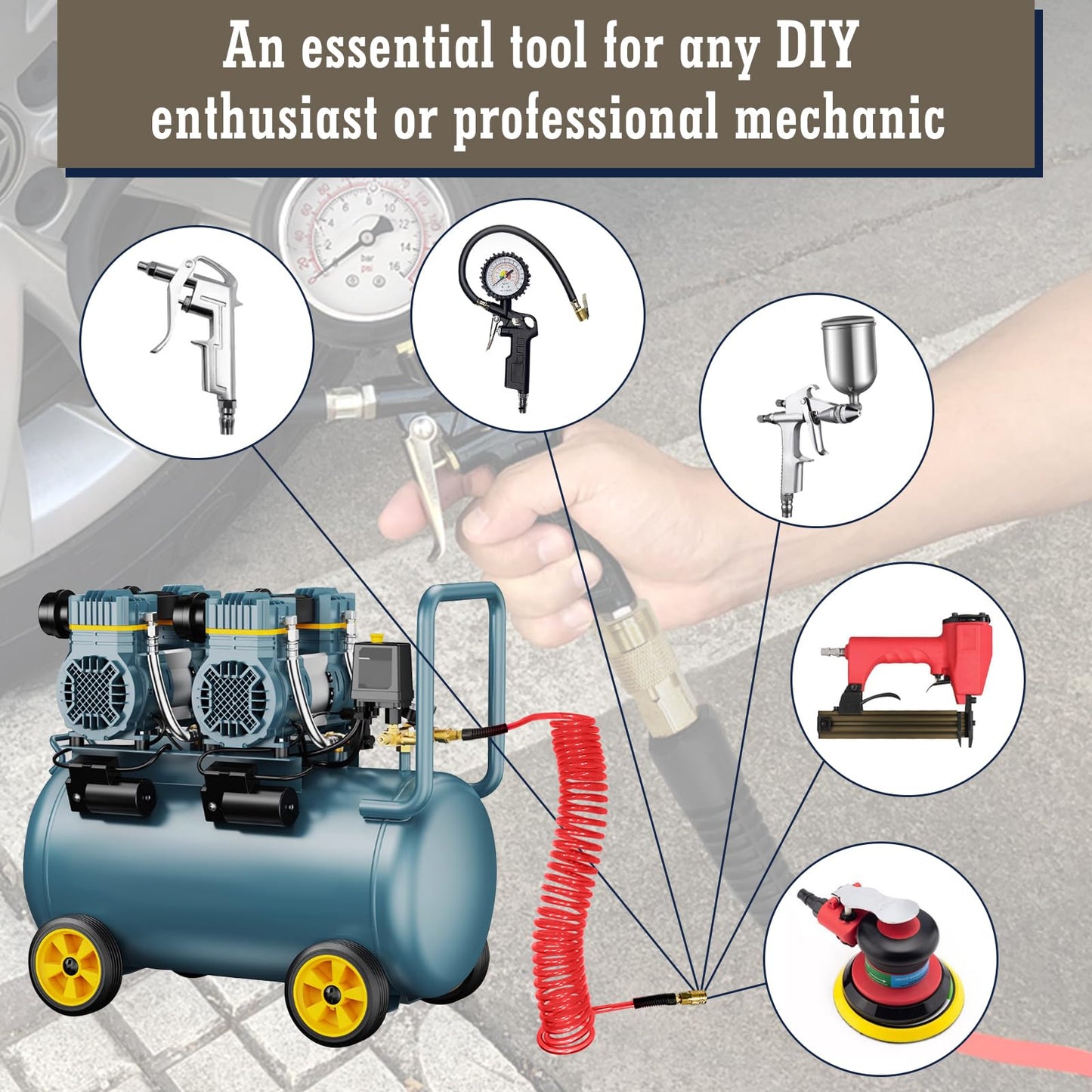 WHISPERING WONDER 1/4 in x 25 ft Polyurethane Air Hose with Bend Restrictor, Air Compressor Hose with 1/4 Solid 100% Pure Copper Quick Connect Fittings and I/M Plug Kit, Red