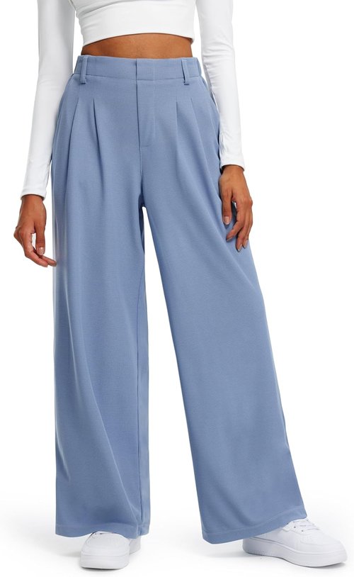 Libin Women's Wide Leg Pants - High Waisted Waffle Knit Casual Trousers with Pockets | Denim Blue, XL