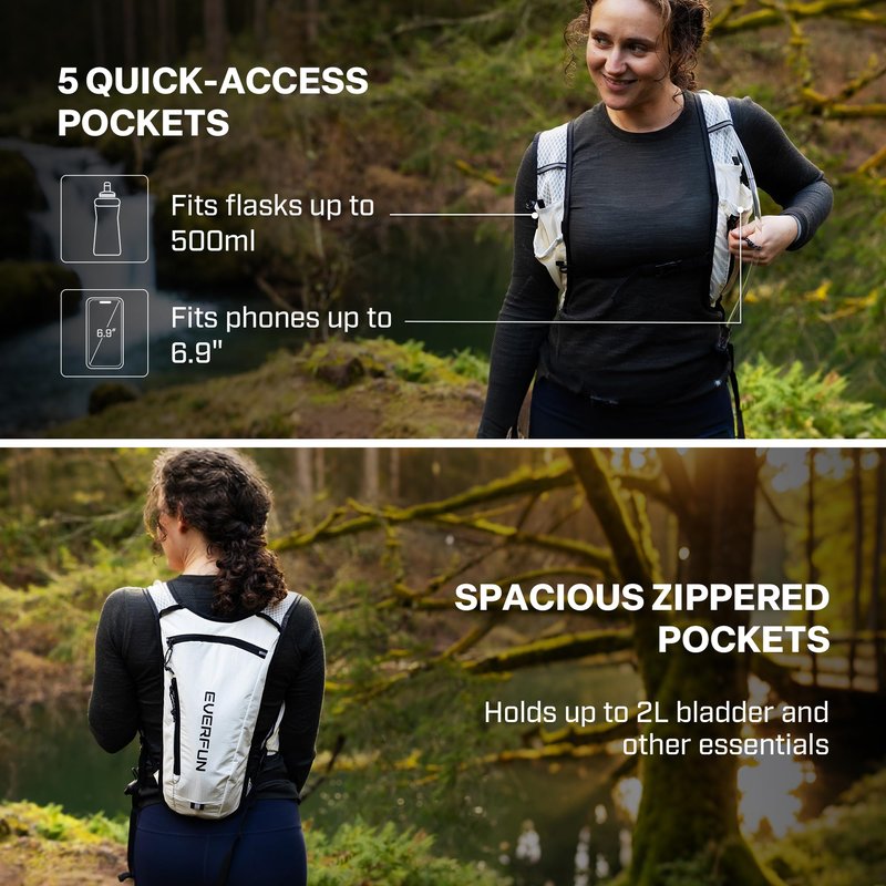 EVERFUN Hydration Backpack Running Vest Small Hiking Water Backpack with 1.5L Water Bladder, Lightweight Reflective Phone Holder Hydro Pack for Trail Running, Biking, Race, Marathons, Black
