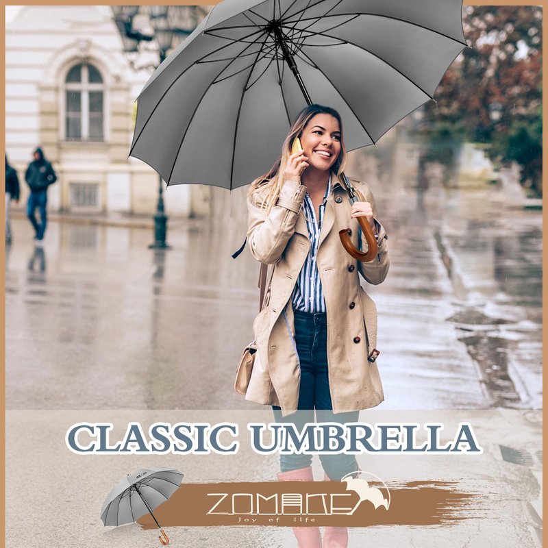 ZOMAKE Stick Umbrella Wood Handle,Cane Walking Classic Umbrellas for Men Women,12 Ribs Stick,55 Inch(Light Grey)