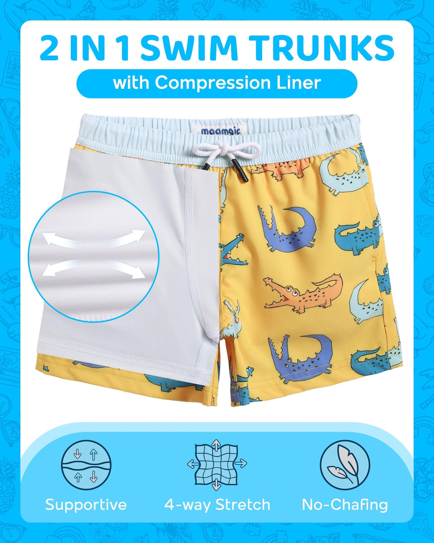 maamgic Boys Swim Trunks with Compression Liner Toddler Boy Swimsuit Quick Dry 4-Way Stretch Swimming Trunks Crocodile Orange 10-12 Years