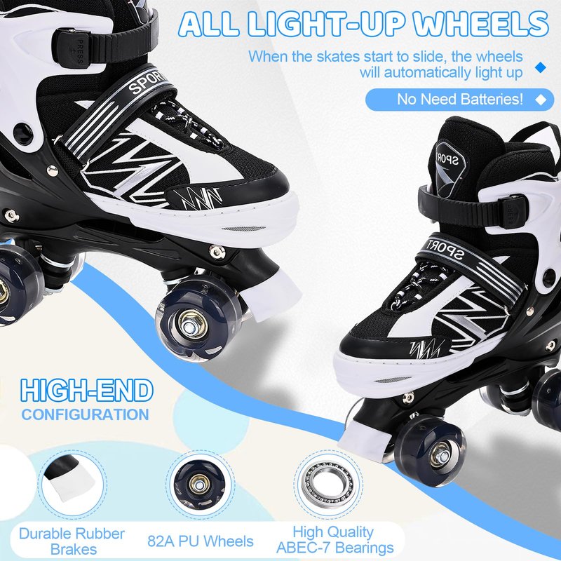 SYXKJ Boys Girls 4 Size Adjustable Kids Roller Skates for Children Toddlers Beginner with All Light Up Wheels, Birthday Gift for Outdoor Indoor Sports (Black White, Large)
