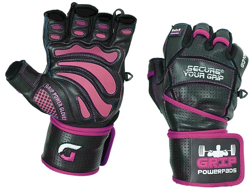 Grip Power Pads Women's Elite Leather Gym Gloves, 2" Wrist Wraps, Pink Fitness, Workout Training Gloves (Pink, Medium)