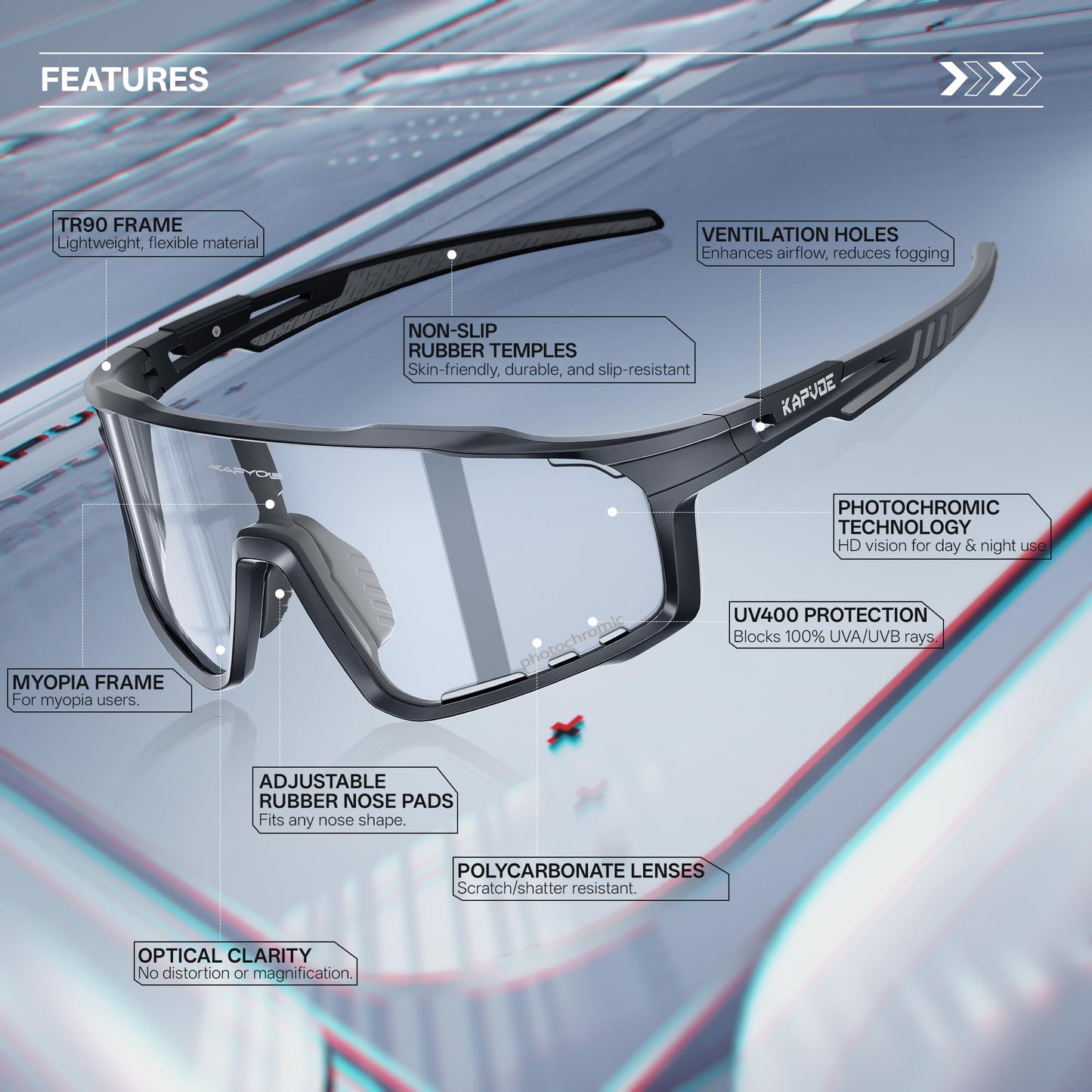 KAPVOE Photochromic Cycling Glasses for Men Women Sports Sunglasses Frame Discoloration HD Bike Glasses K76