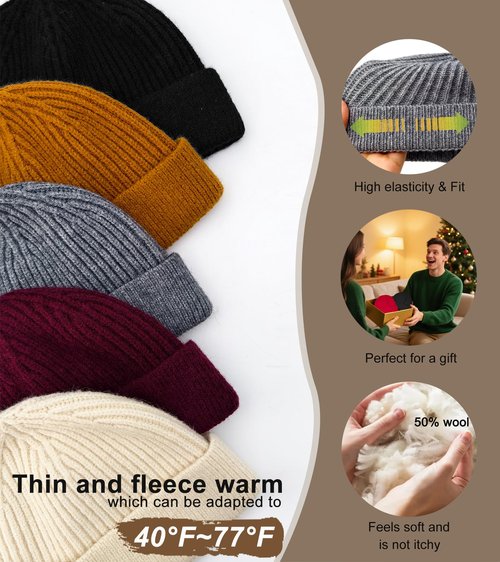 Swag Wool Knit Cuff Short Fisherman Beanie for Men Women, Spring Fall Winter Warm Hats, Trawler Skull Cap, Watch Cap Black