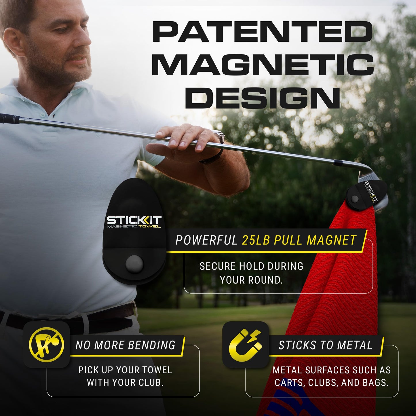 STICKIT XL Magnetic Golf Towel - Ultra Durable Cotton Terry Weave with Removable Magnet - Large Golf Towel for Bags, Caddies & Carts - Removes Dirt, Grass, & Debris from Club Face - 36” x 20” (Black)