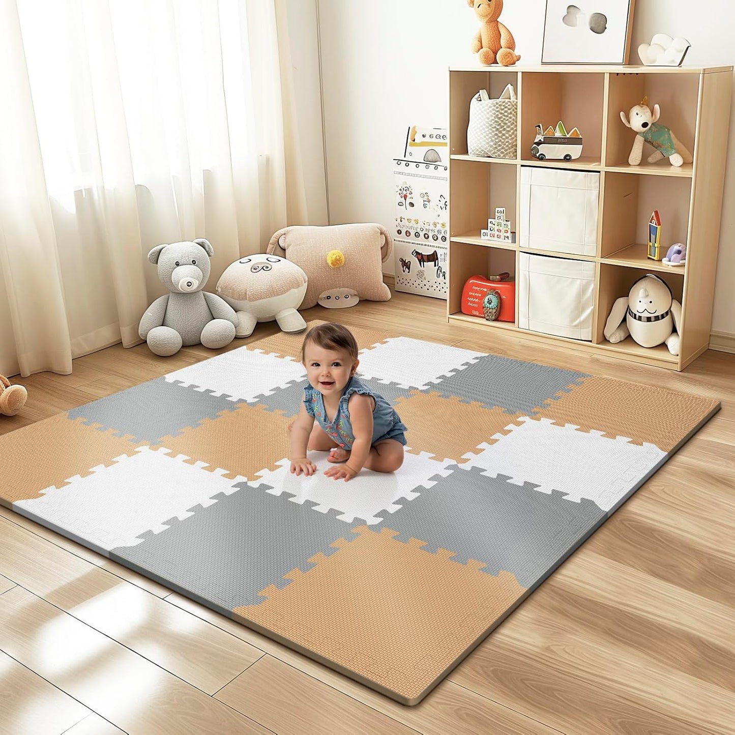 Skiennix Baby Play Mat - 16 Interlocking EVA Foam Tiles | 0.6 Inch Thick, White-Brown-Grey