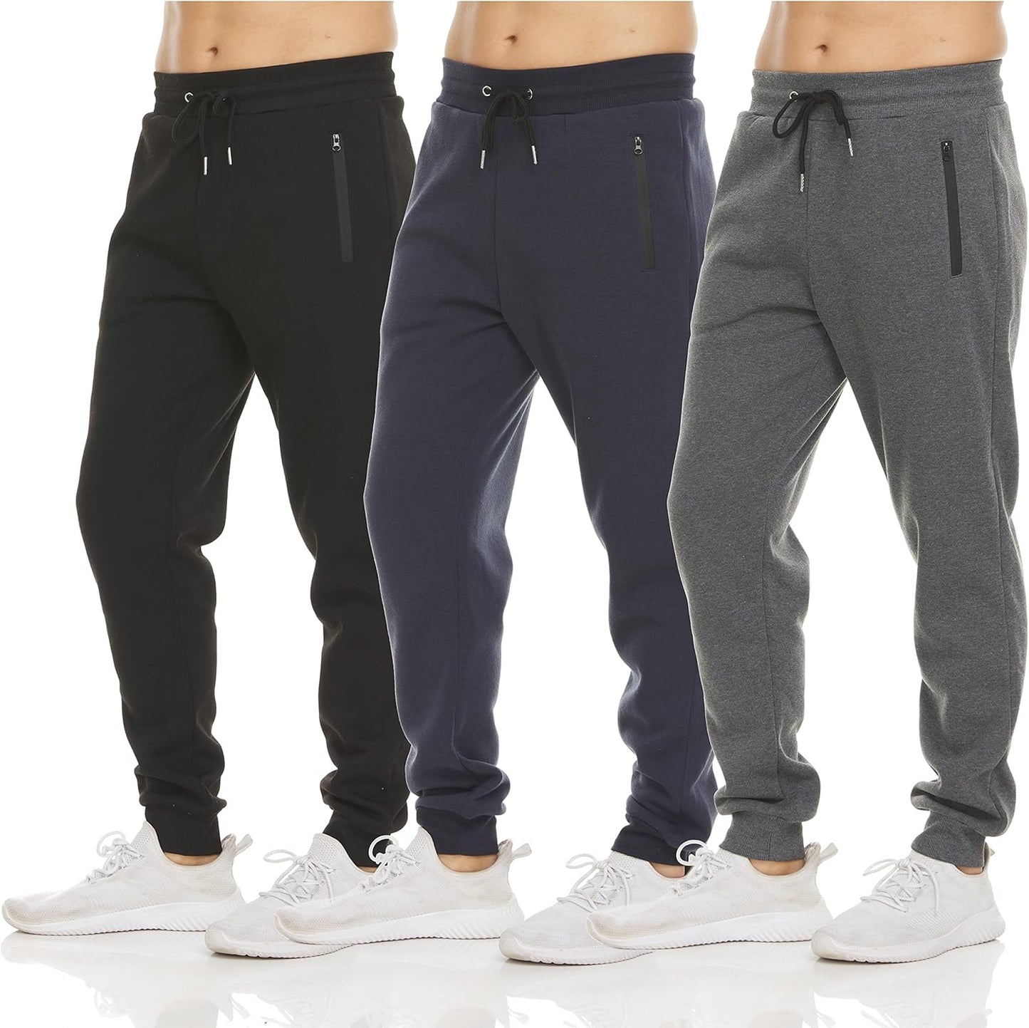 PURE CHAMP Men's Fleece Jogger Sweatpants - 3 Pack with Zipper Pockets | Sizes S-3XL