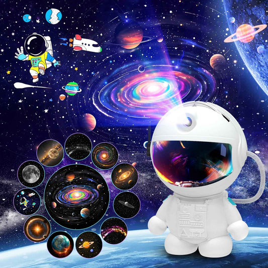SHJQJJLBCQ Space Galaxy Night Light Projector, Ultra-HD Astronaut Design, 12 Film Discs, LED Display with Adjustable Brightness