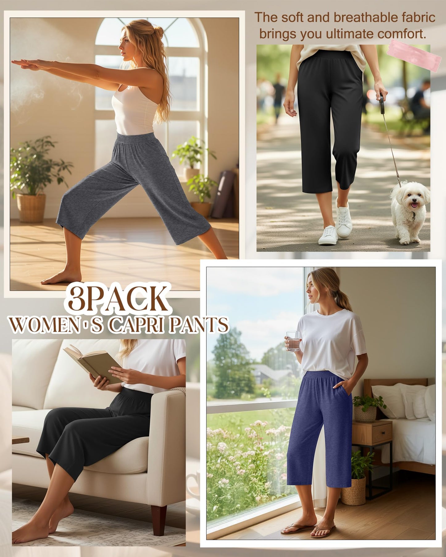 Huukeay 3 Pack Women's Capri Sweatpants Cozy Wide Legs Cropped Capri with Pockets Lounge Jogger Pants Workout Yoga Solid(Large,Black,Grey,Dark Blue)