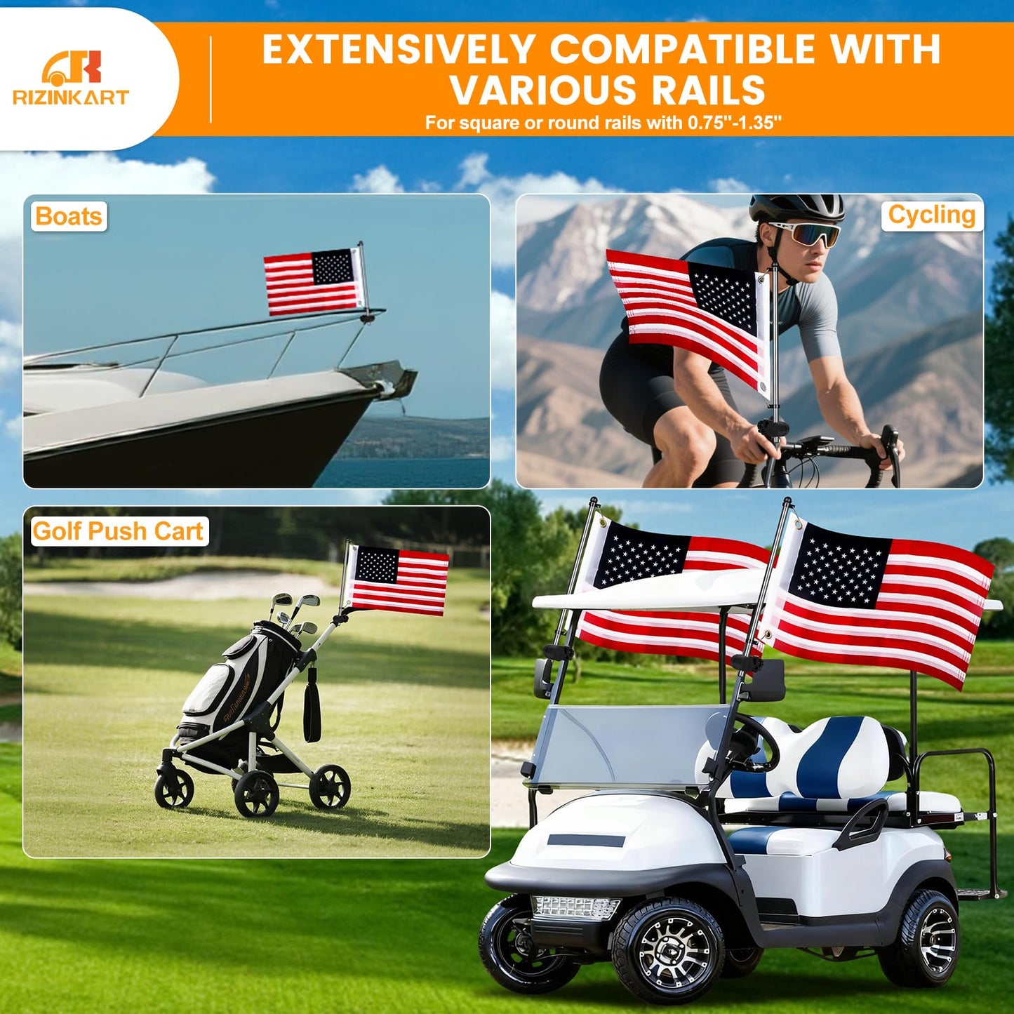 2Pcs Golf Cart Flag Pole Kit, 360° Adjustable Golf Cart Flag Holder, Universal Fit for Golf Cart/Boat/ATV/UTV, Stainless Steel Flag Pole with USA Flag (12"×18"), for 0.59"-1.25" Round/Square Rail