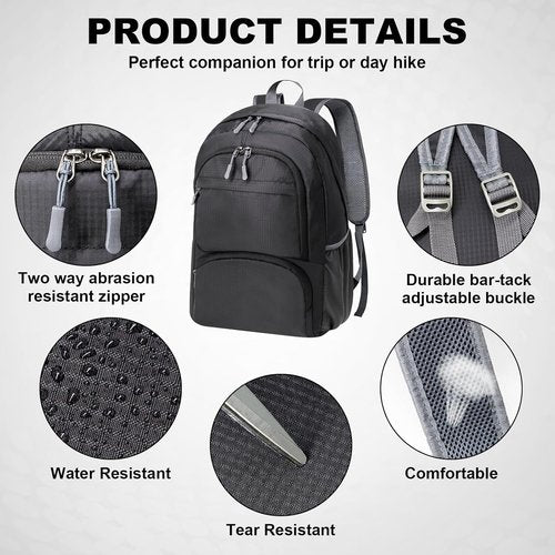 HOLYLUCK Lightweight 20L Packable Hiking Daypack | Foldable Backpack for Travel - Black