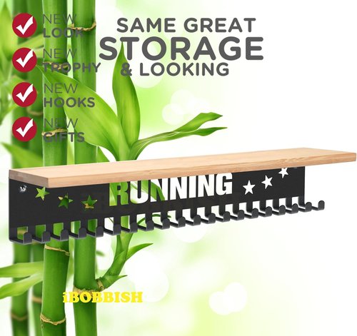 iBobbish Premium Trophy Display Shelf - Sturdy 16-Inch Metal Shelf with Hooks for Medals | Large Bamboo Design