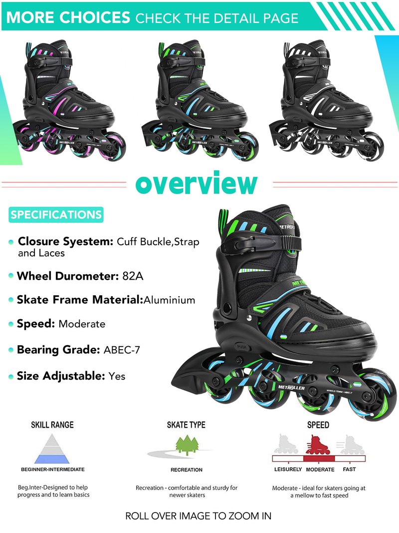 METROLLER Adjustable Inline Skates for Girls Boys with Light up Wheels Roller Skates Kids Youth Fun Beginner Blades Youth Ages 5-8 8-12 Adults Outdoor