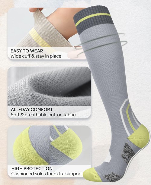 CTHH Thick Cotton Compression Socks for Women Men 15-20mmHg Cute Knee High Socks Support for Running, Travel, Nurses, Pregnant Women, Striped Stockings Cushioned, Beige/Light Grey, 2 Pack