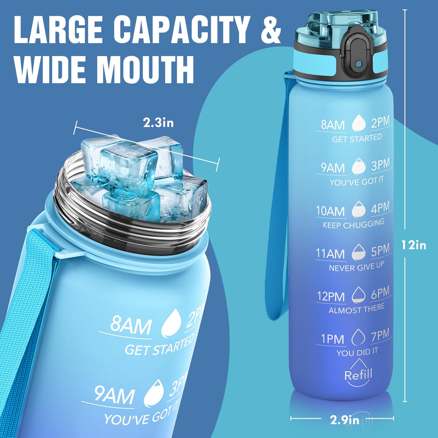 OLDLEY Water Bottle, 32oz Motivational Sports Water Bottle with Time Marker - Times to Drink - Tritan, BPA Free, Wide Mouth Leakproof, Anniversary Birthday Gifts for Men Women, Sky (1 Bottle)