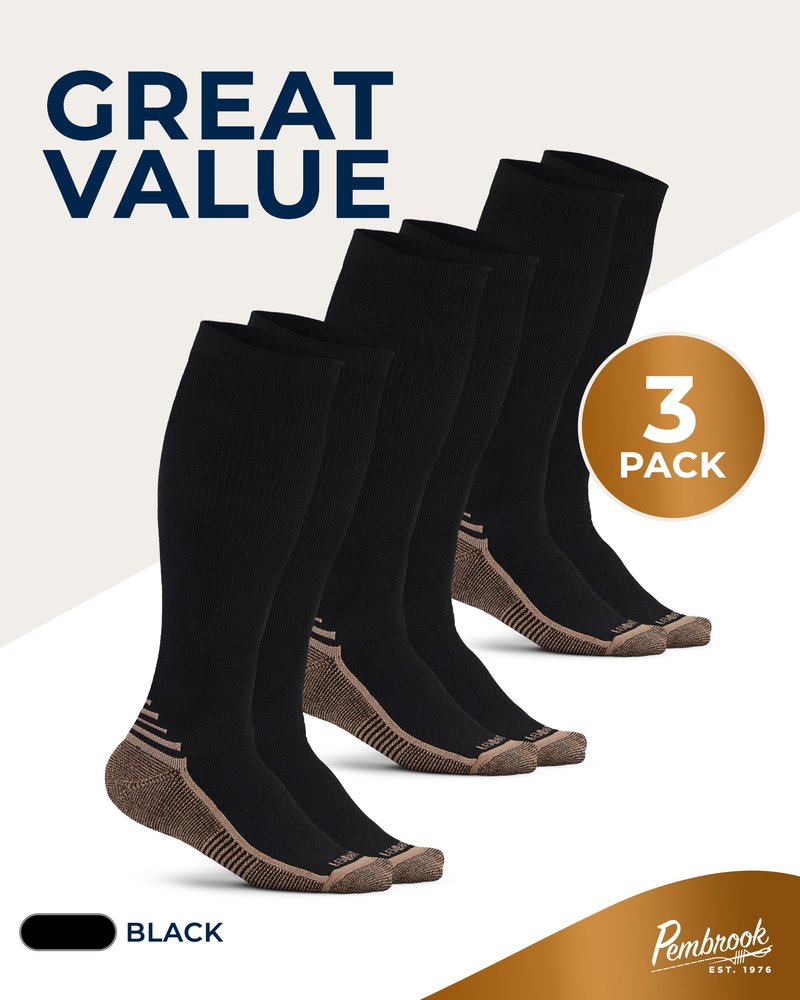 Pembrook 3 Pairs Copper Compression Socks Men 20-30 mmHg, Black Compression Socks, Support for Running Athletic Cycling Hiking, Good for Edema and Varicose Veins/Blk/3