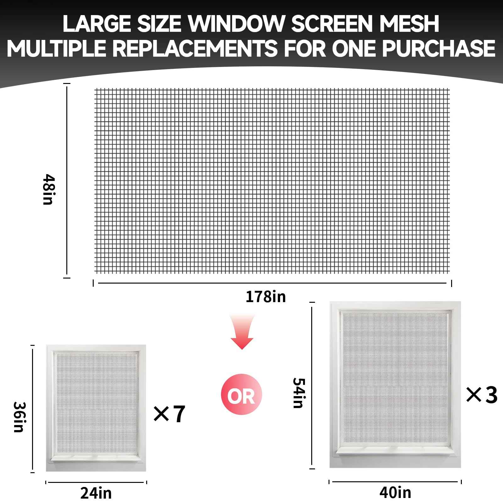 Window Screen Door Repair/Replacement Kit,48" x178" Adjustable Durable Fiberglass Window Screen Mesh,with Spline/Roller/Hook/Clips Screen Door Repair Kit,DIY Window,Porch Sliding Door(Black)