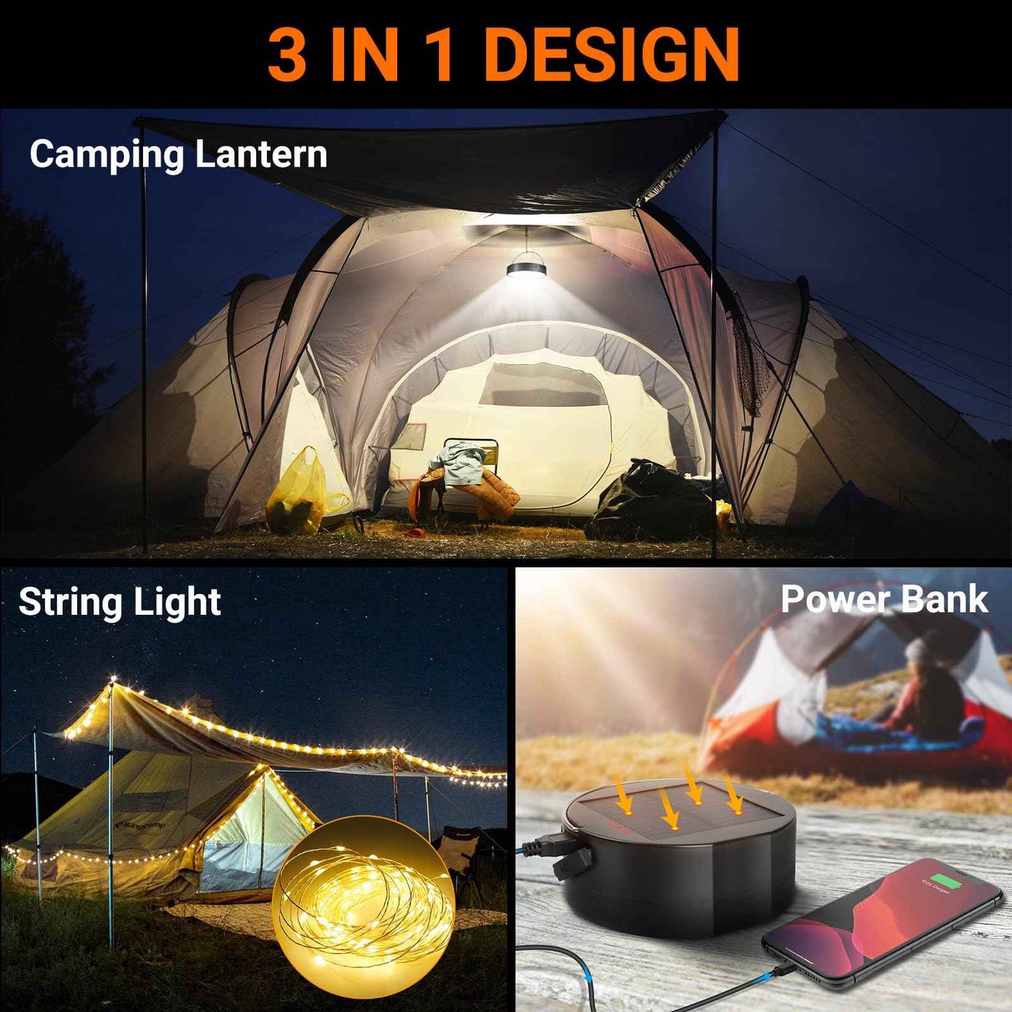 Camping String Light, Solar String Light with Camping Lantern (3 in 1 Design), Rechargeable and Portable for Camping,Emergency, Hiking.