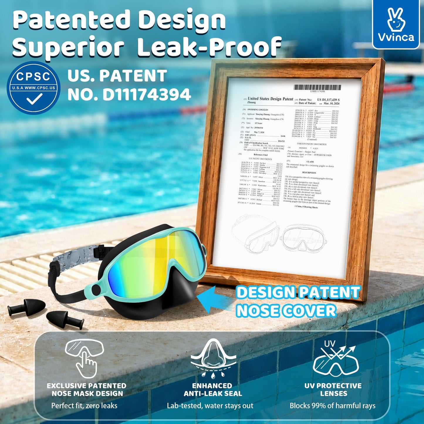 Vvinca Kids Swim Goggles with Nose Cover 2 Pack, Anti-Fog Waterproof Swimming Glasses for Boys Girls Age 12-15, Wide View Silicone Scuba Mask for Toddler Pool Beach Water Play